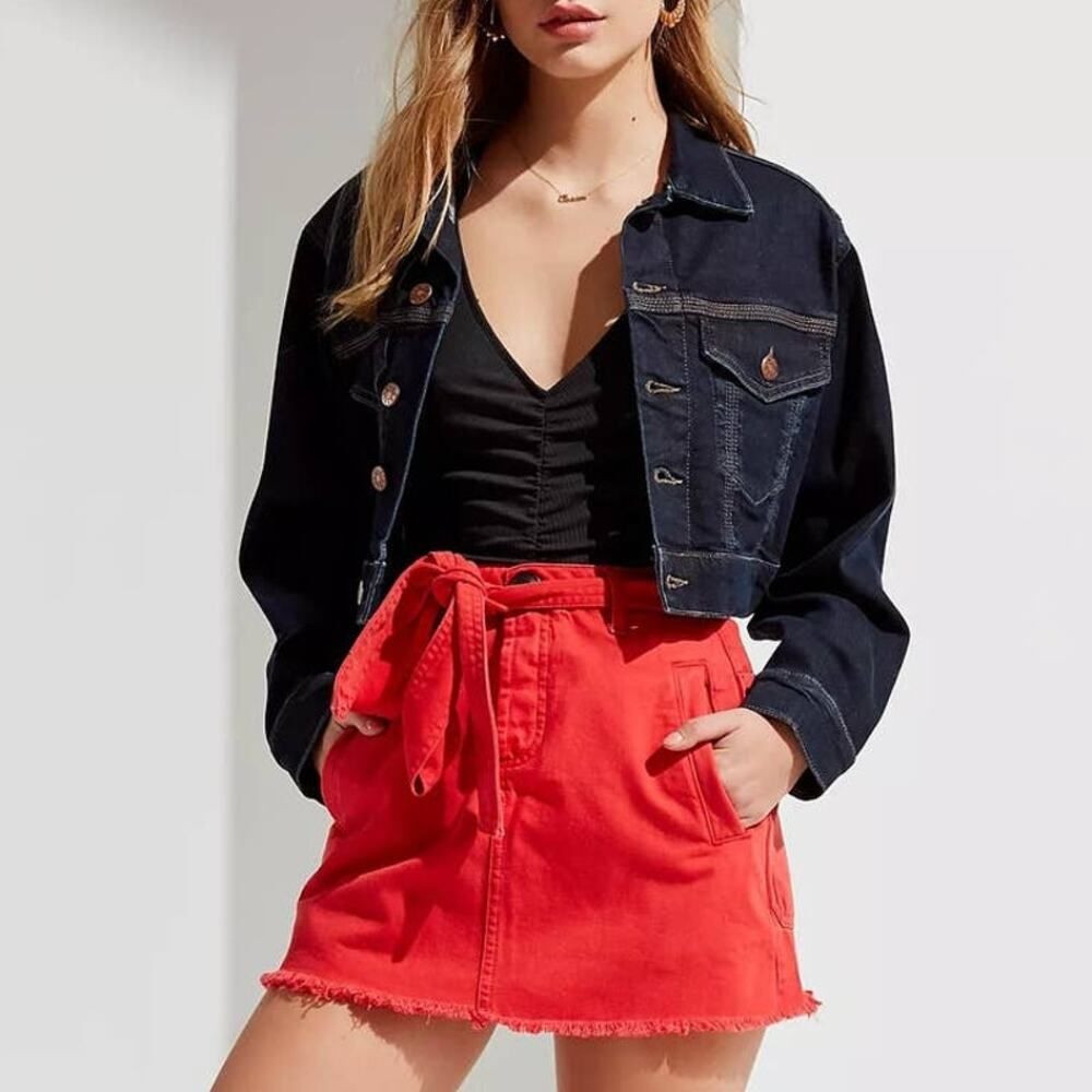 BDG Urban Outfitters Twill Frayed Mini Skirt Tie Waist Denim Fringe Raw Hem